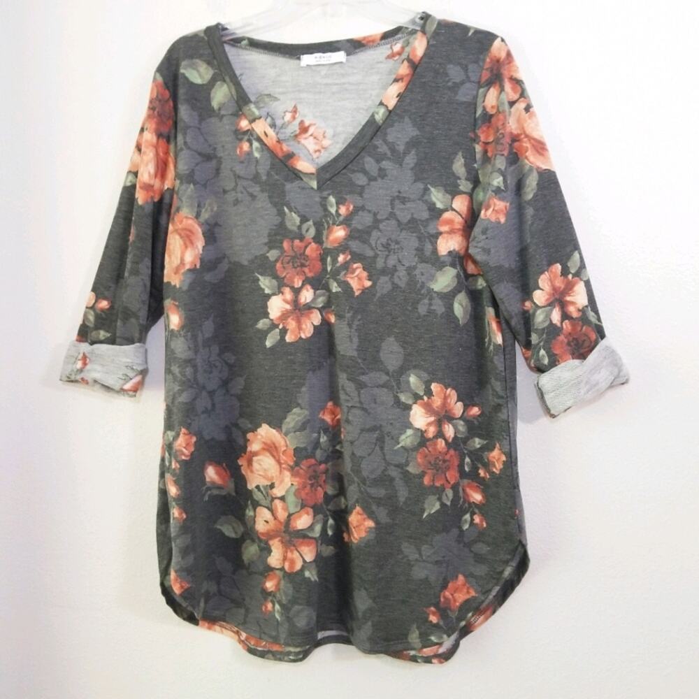 a.gain rose floral V neck tunic top shirt 3X